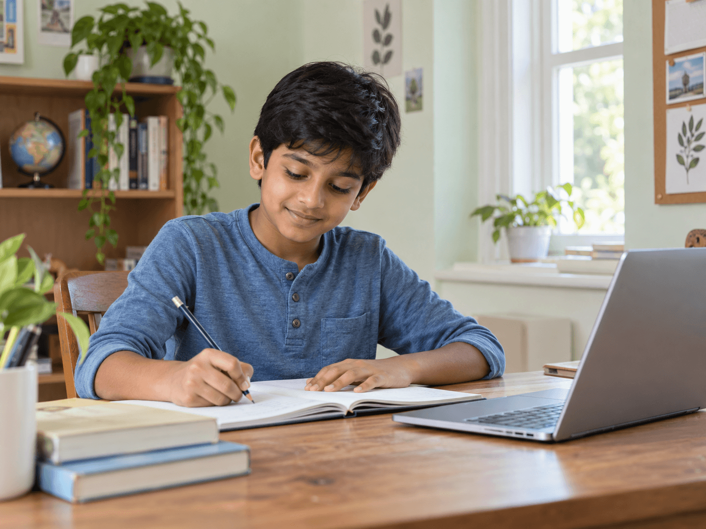 Illustration of a child learning at home with a laptop and notebook